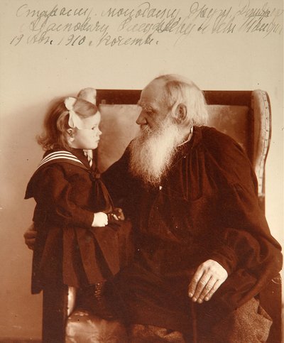 The author Leon Tolstoy with his granddaughter Tatiana in Yasnaya Polyana, 1910 by Vladimir Grigorievich Chertkov